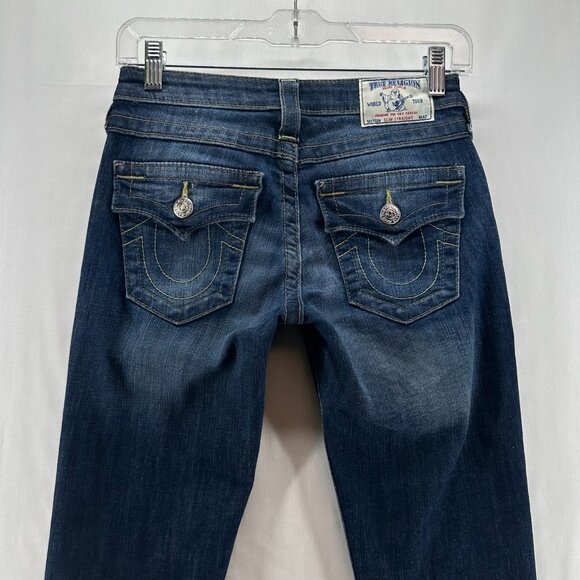 True Religion Slim Straight Jeans Womens 26  Low Rise Flap Pockets Stretch Blue - Picture 12 of 13